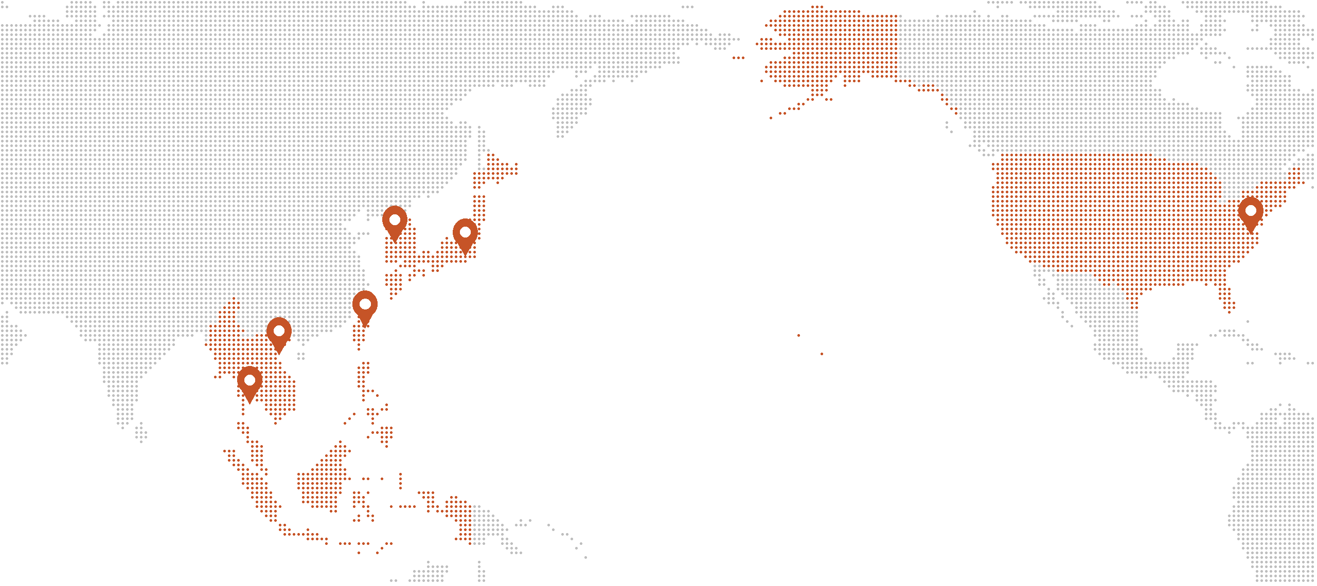 Dotted world map highlighting Korea, Japan, Taiwan, all of Southeast Asia, and the United States